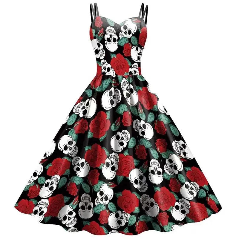 Dress Fit & Flare Strappy Skeleton Rose Print