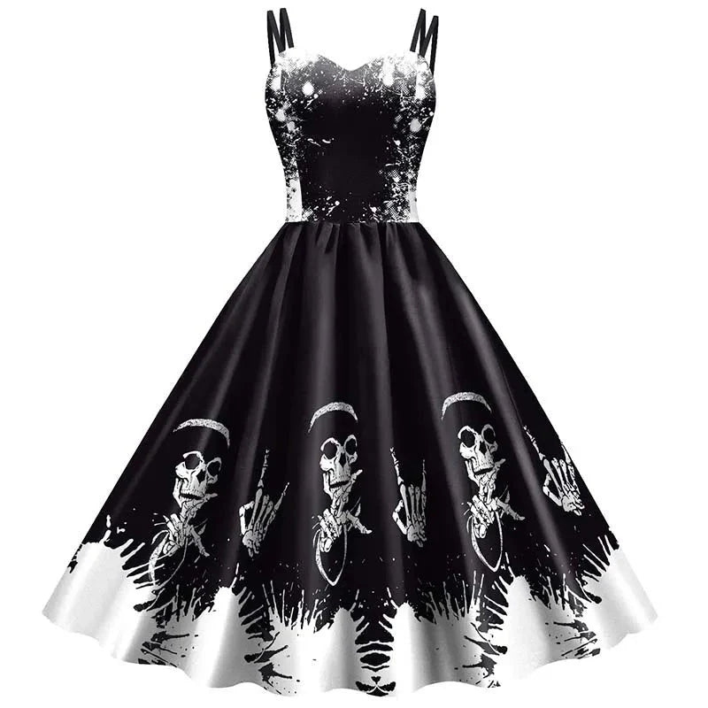 Dress Fit & Flare Strappy Skeleton Rose Print