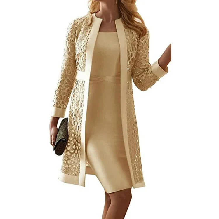 Dress Set Knee-Length Sheath Floral Lace Jacket Open Front