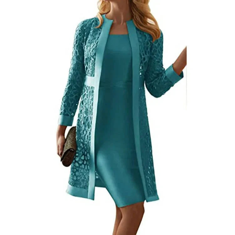 Dress Set Knee-Length Sheath Floral Lace Jacket Open Front