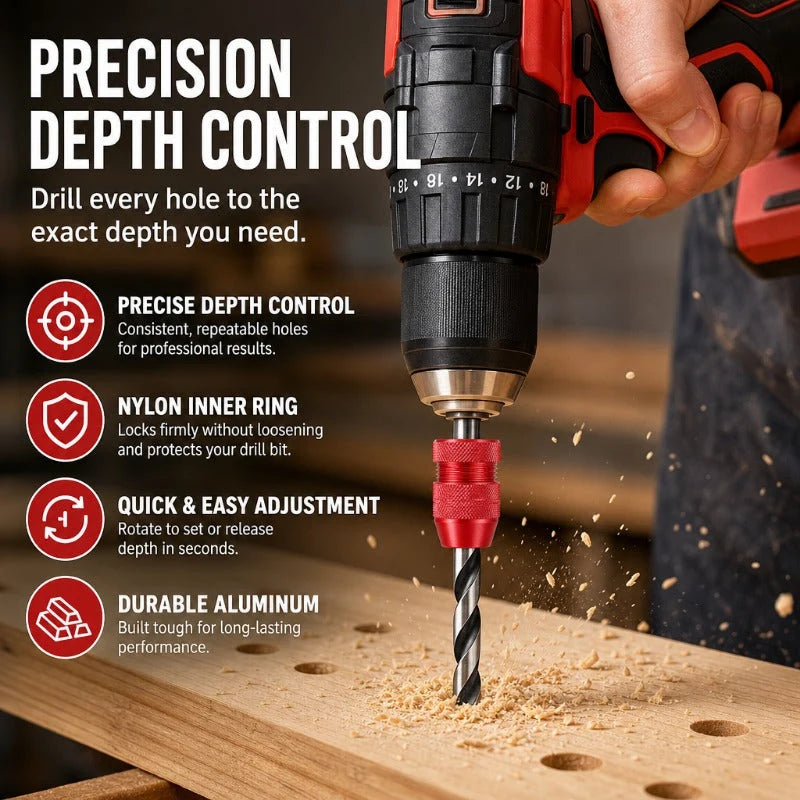 Drill Bit Depth Stop Collar Aluminum Nylon-Lined Tool-Free Adjustment