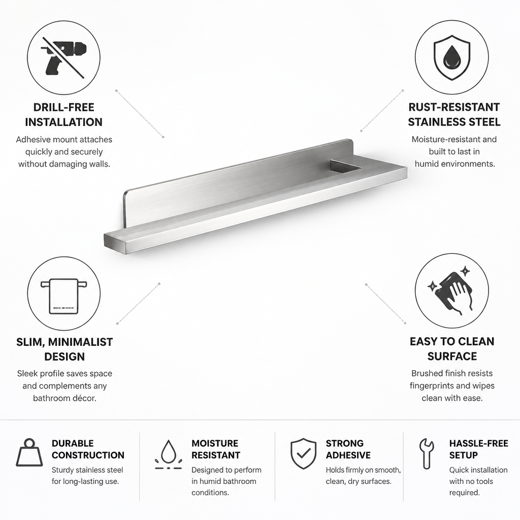 Drill-Free Adhesive Brushed Stainless Steel Towel Bar