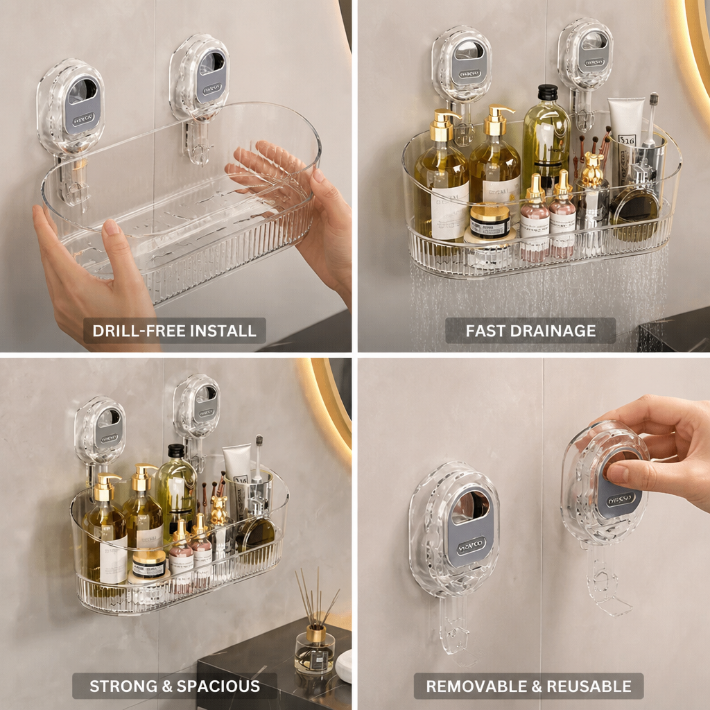 Drill-Free Snap-On Open-Bottom Shower Organizer