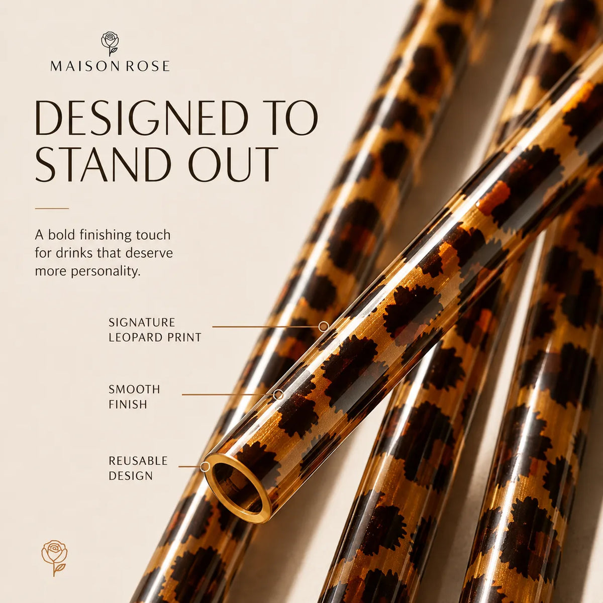Drinking Straws Reusable Leopard Print Set of 20