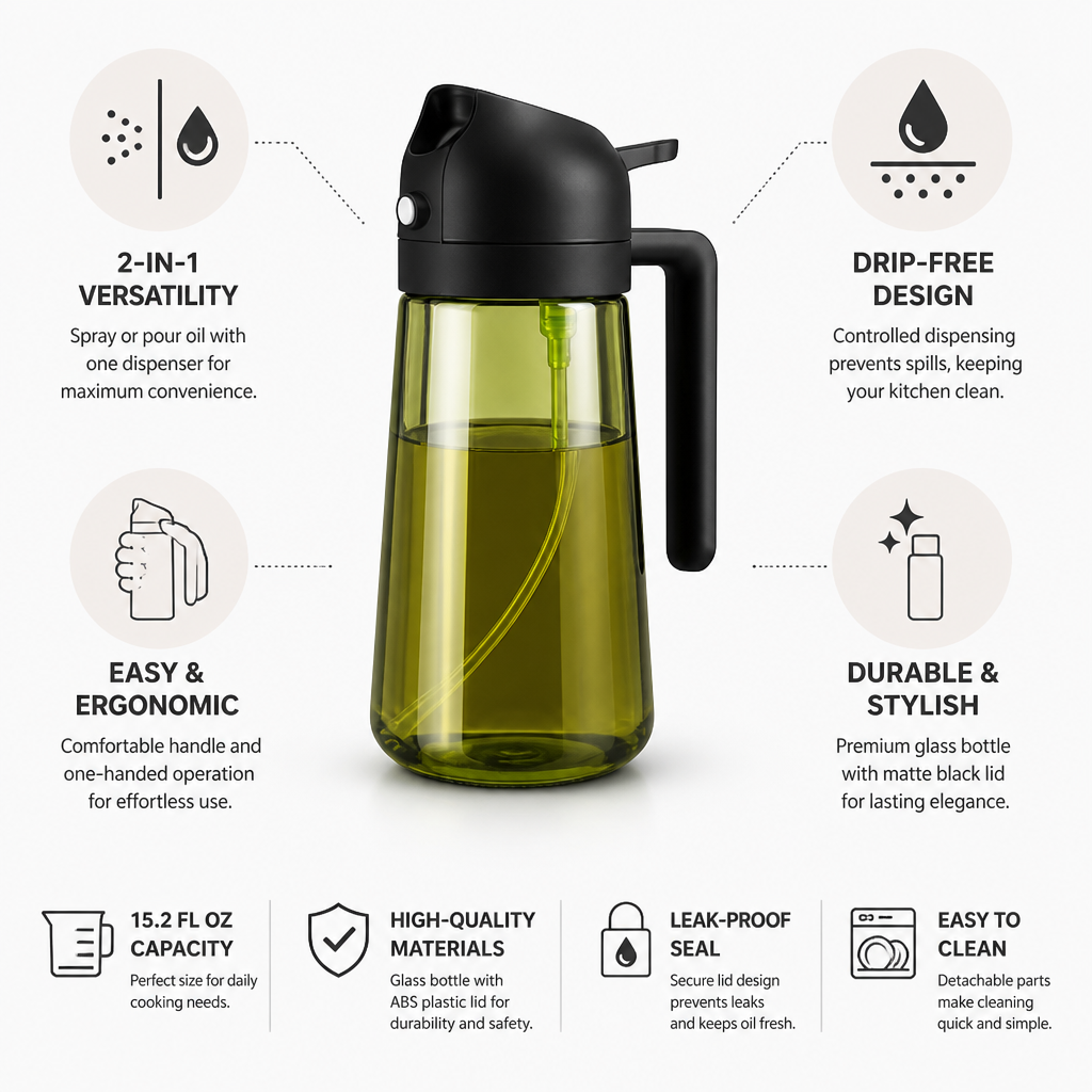 Drip-Free Spray & Pour Glass Oil Dispenser