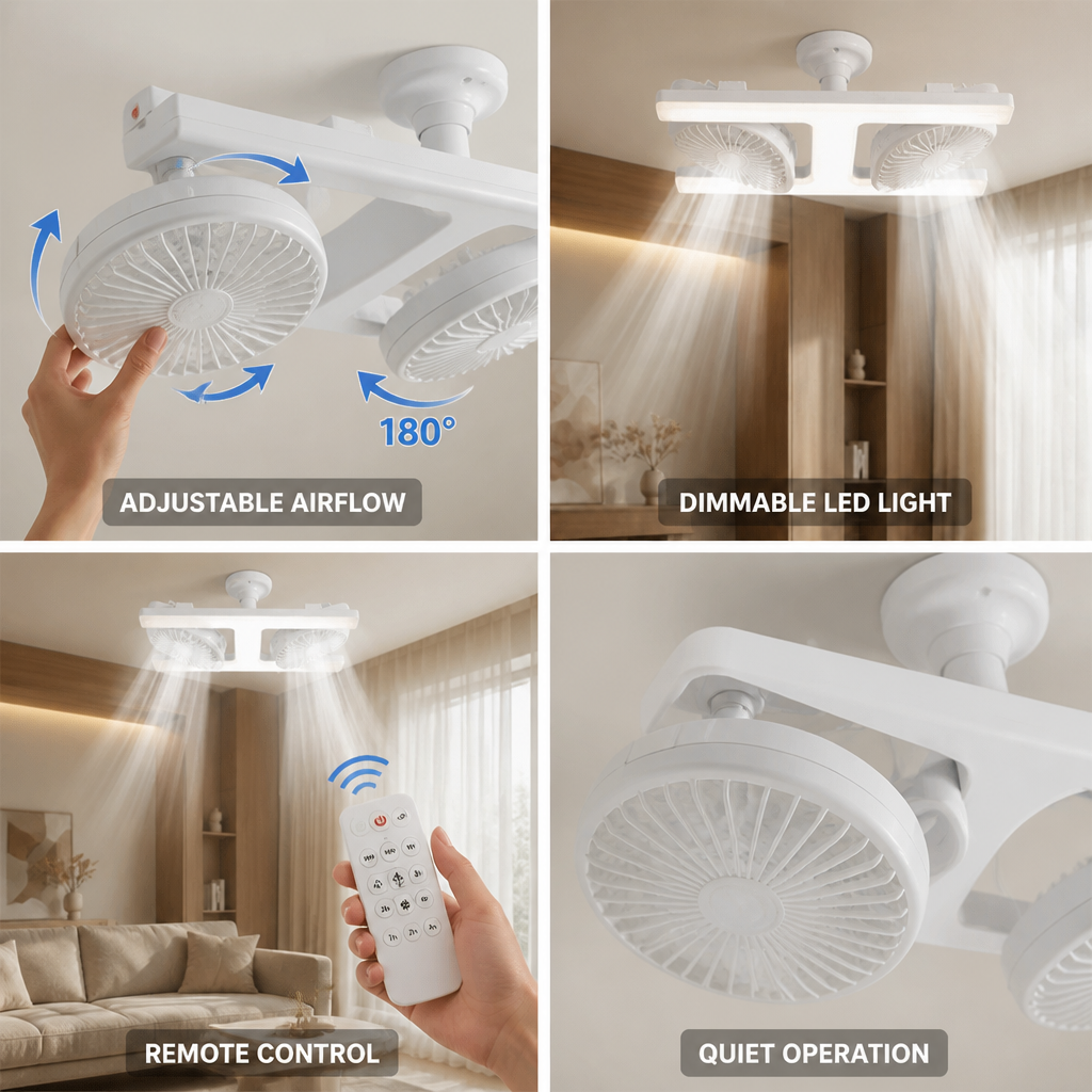 Dual Adjustable Heads Stepless Dimmable LED & Remote Ceiling Fan