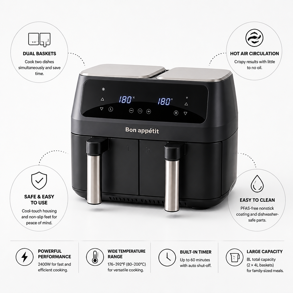 Dual-Basket PFAS-Free Nonstick Air Fryer (8L)