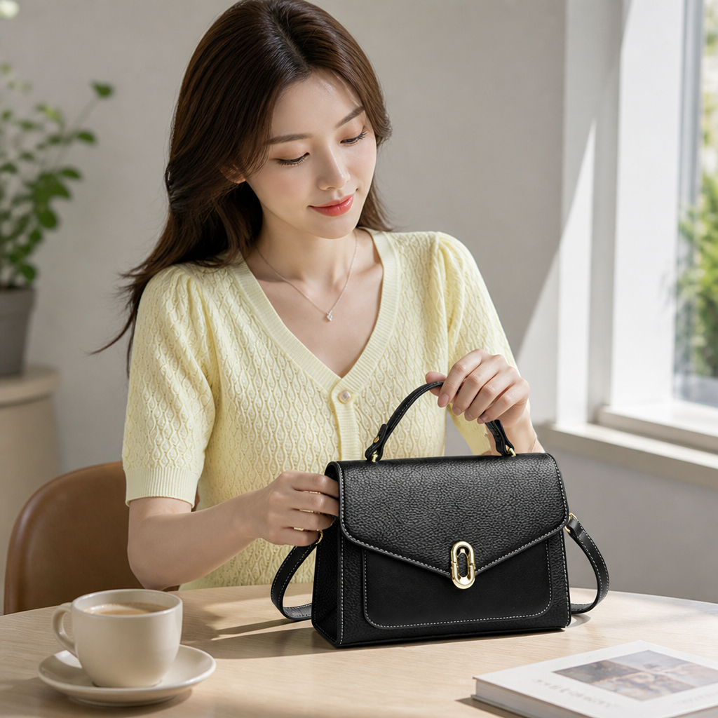 Dual-Tone Faux Leather Handbag (Top Handle & Adjustable Strap)