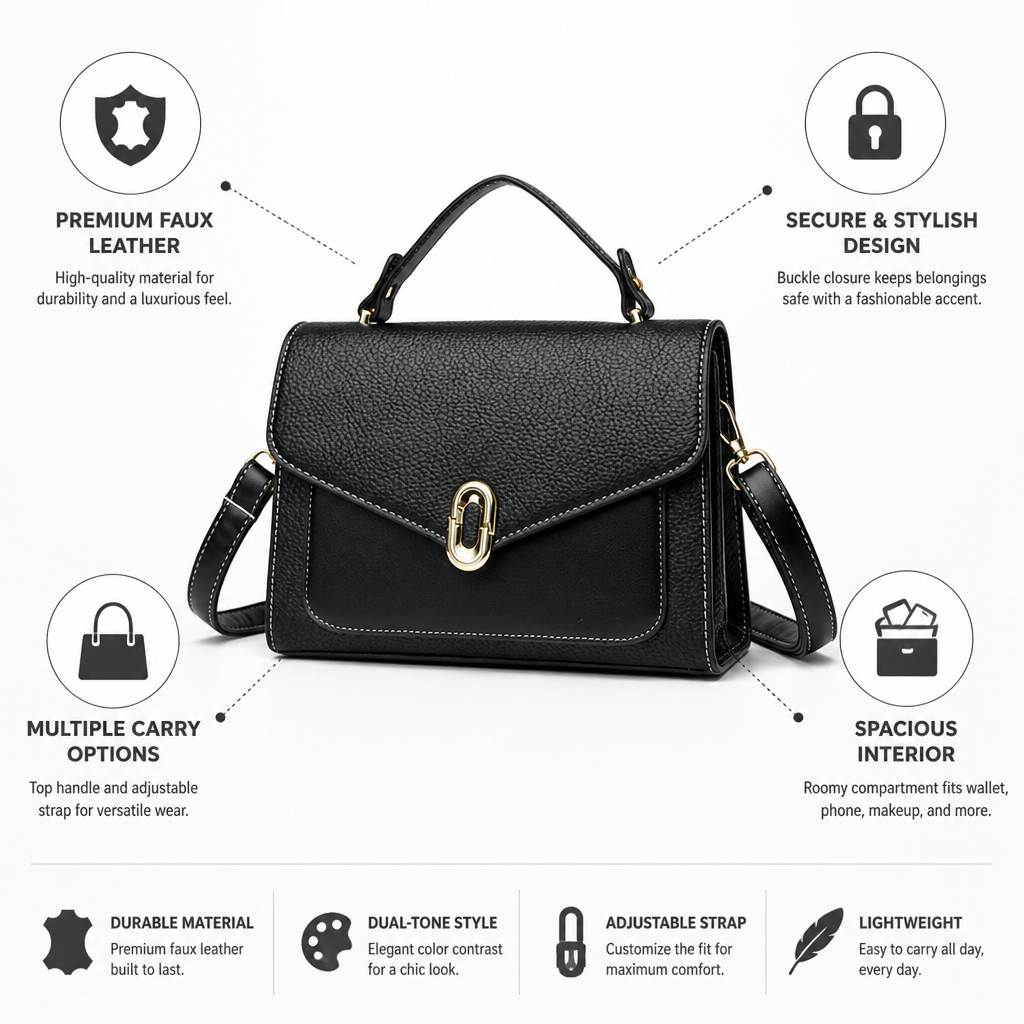 Dual-Tone Faux Leather Handbag (Top Handle & Adjustable Strap)