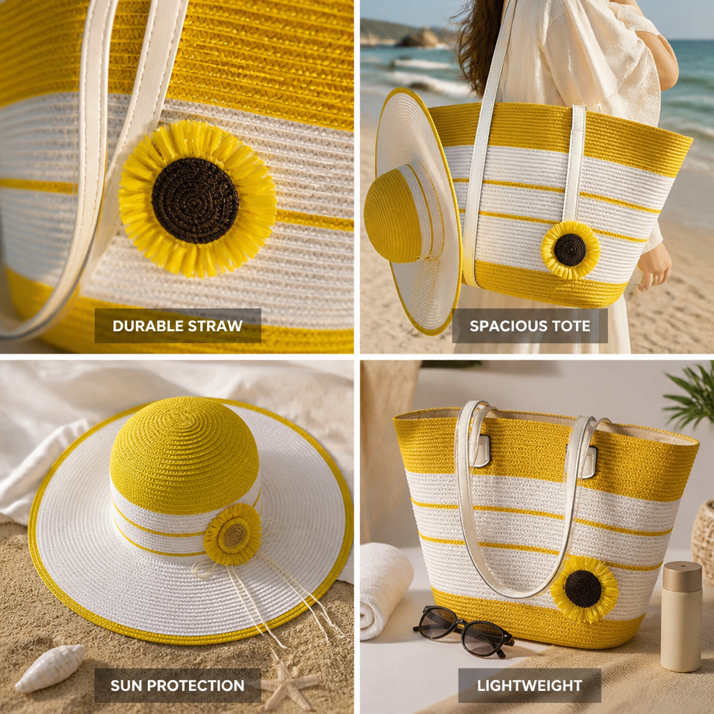 Durable Artificial Straw Beach Bag & Sun Hat Set