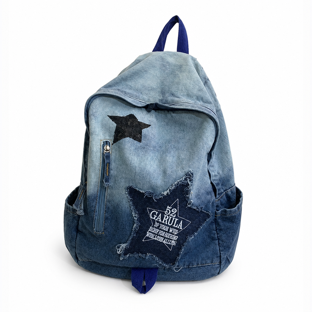 Durable Denim Star Appliqué School Backpack