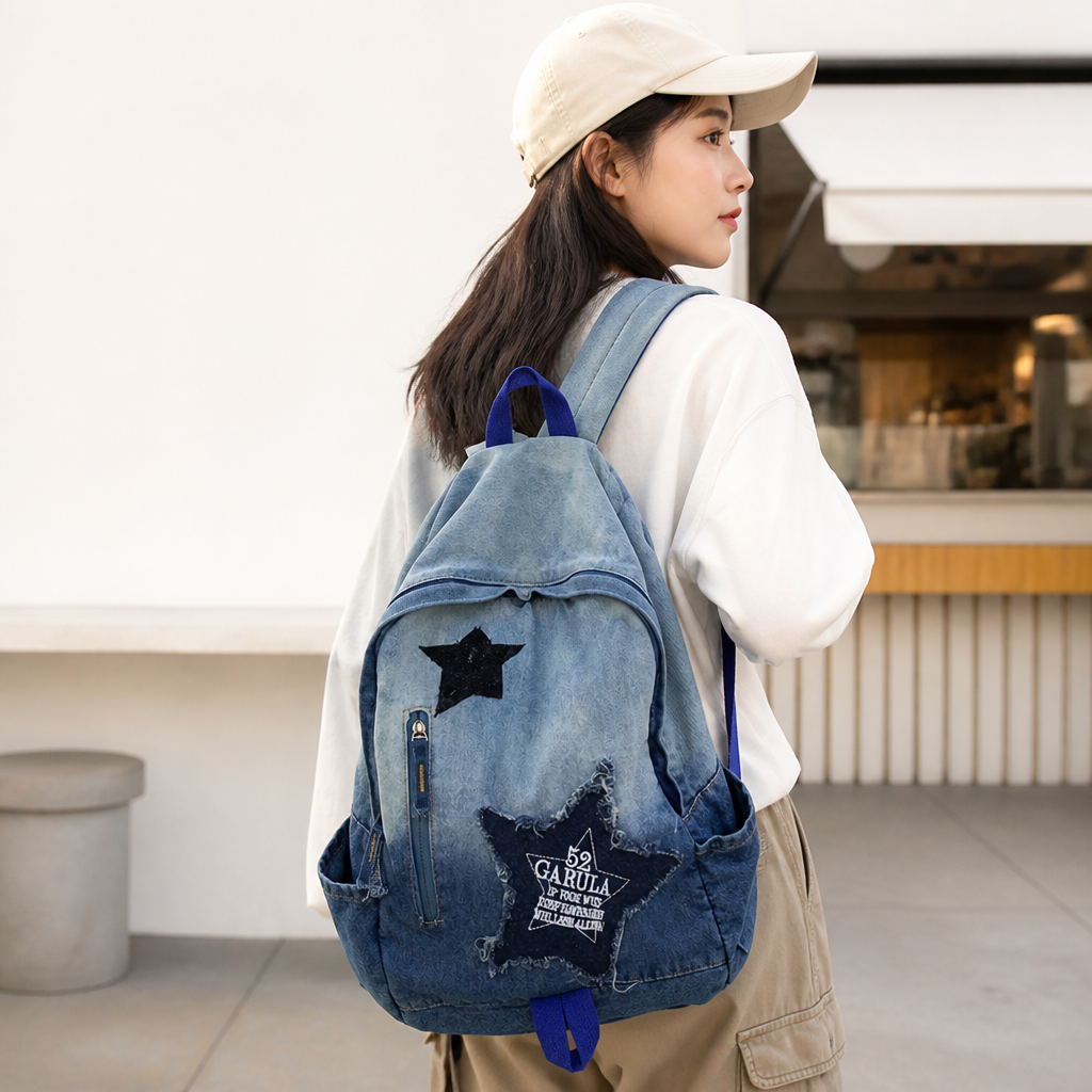 Durable Denim Star Appliqué School Backpack
