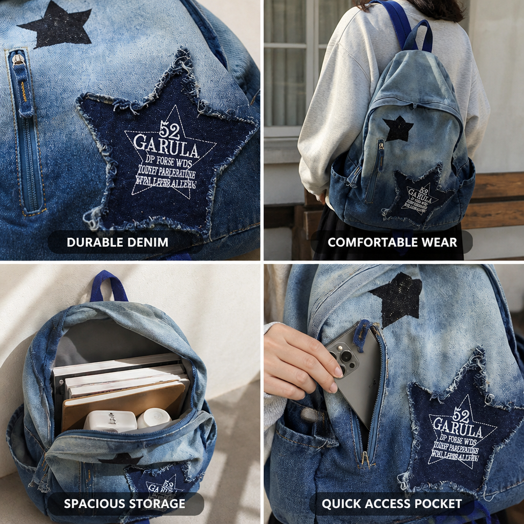 Durable Denim Star Appliqué School Backpack