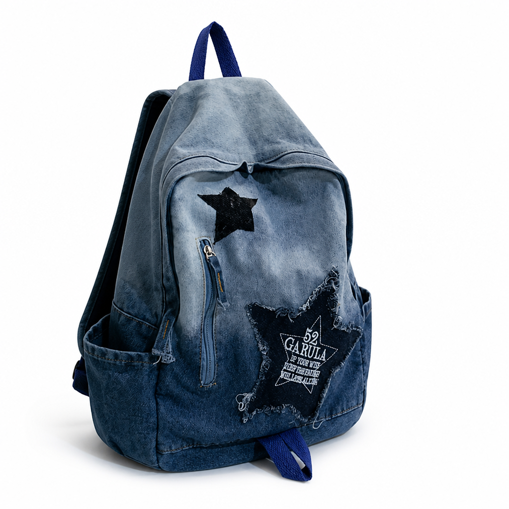 Durable Denim Star Appliqué School Backpack