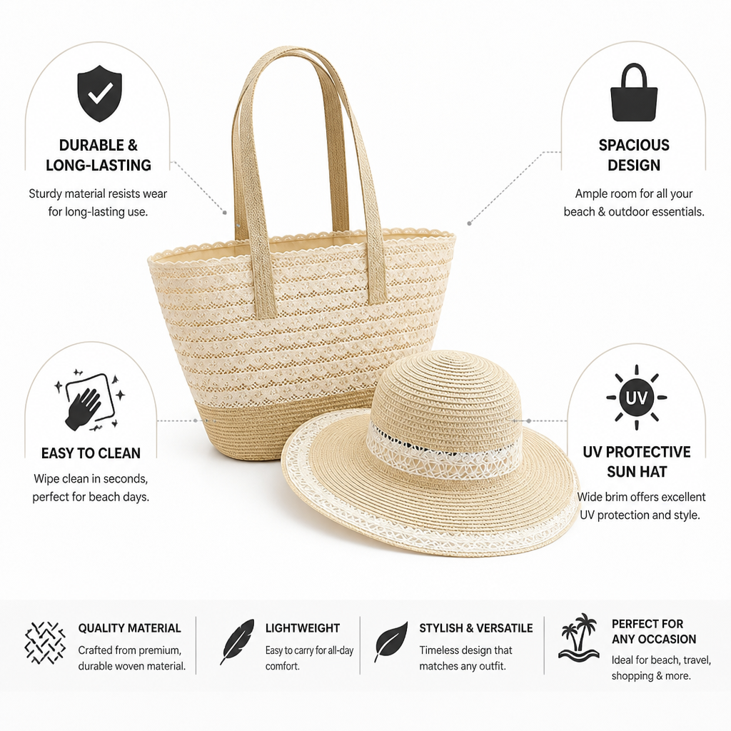 Durable Easy-to-Clean Beach Tote & UV-Protective Sun Hat