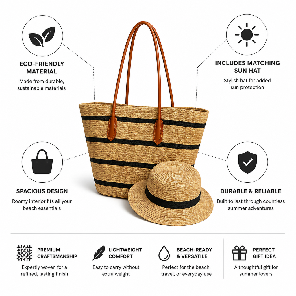 Durable Eco-Friendly Striped Beach Tote & Sun Hat