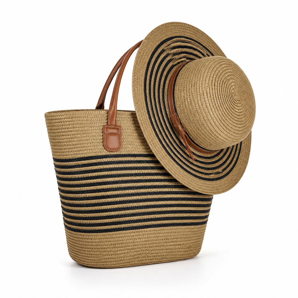 Durable Eco-Friendly Striped Beach Tote & Sun Hat