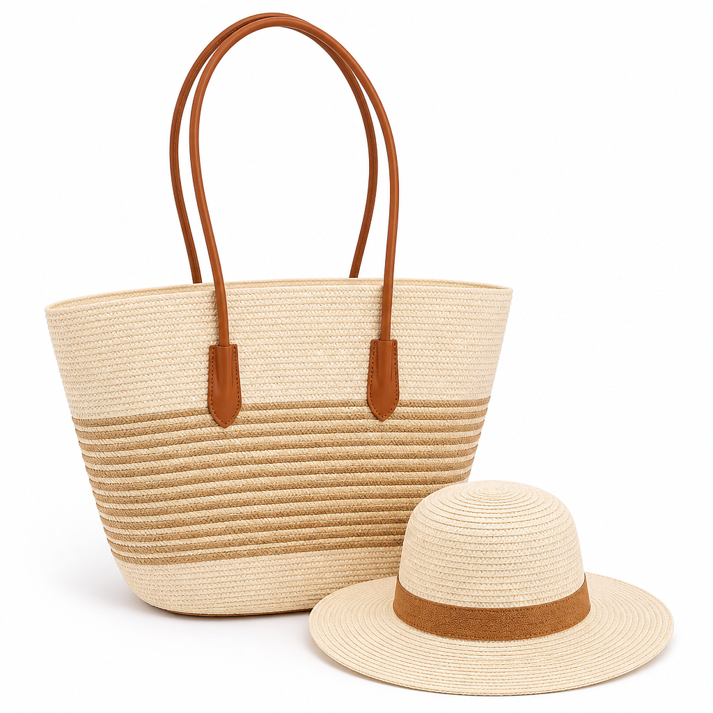 Durable Eco-Friendly Striped Beach Tote & Sun Hat