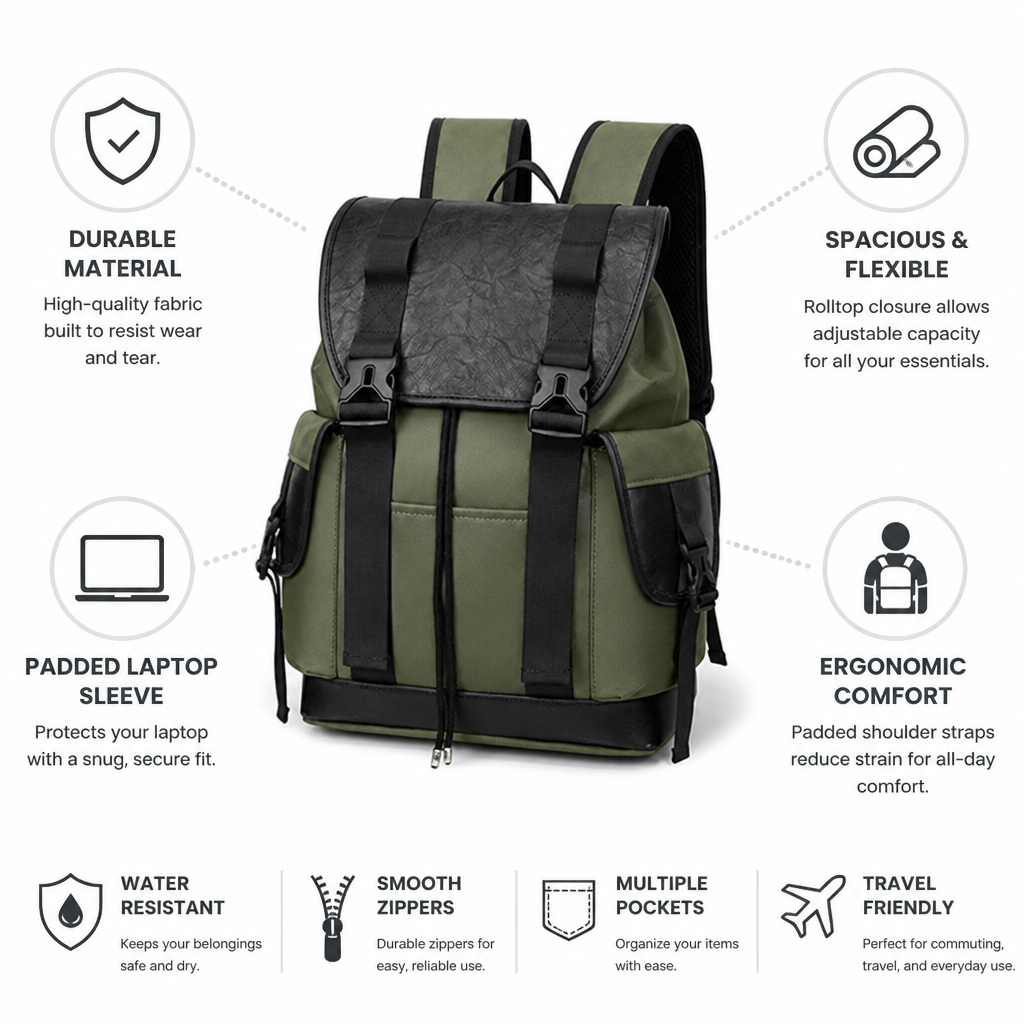 Durable Fabric Rolltop Backpack (Padded Laptop Sleeve)
