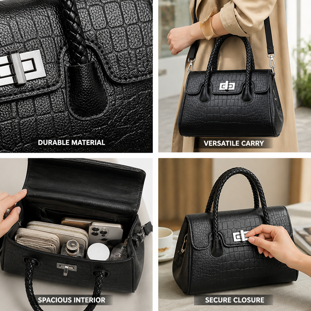 Durable Faux Leather Double-Handle Handbag (Detachable Strap)