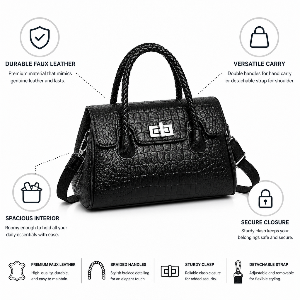 Durable Faux Leather Double-Handle Handbag (Detachable Strap)