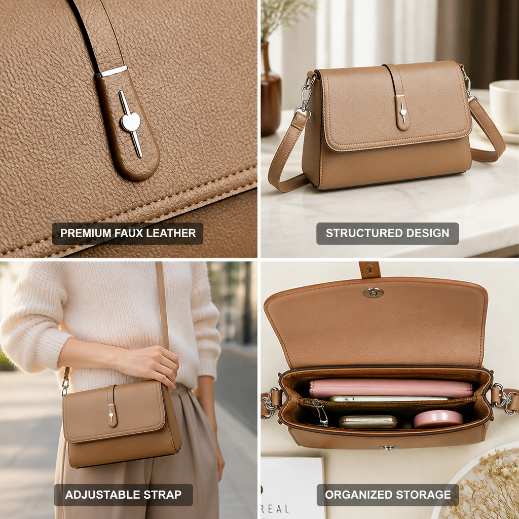 Durable Faux Leather Structured Crossbody Bag