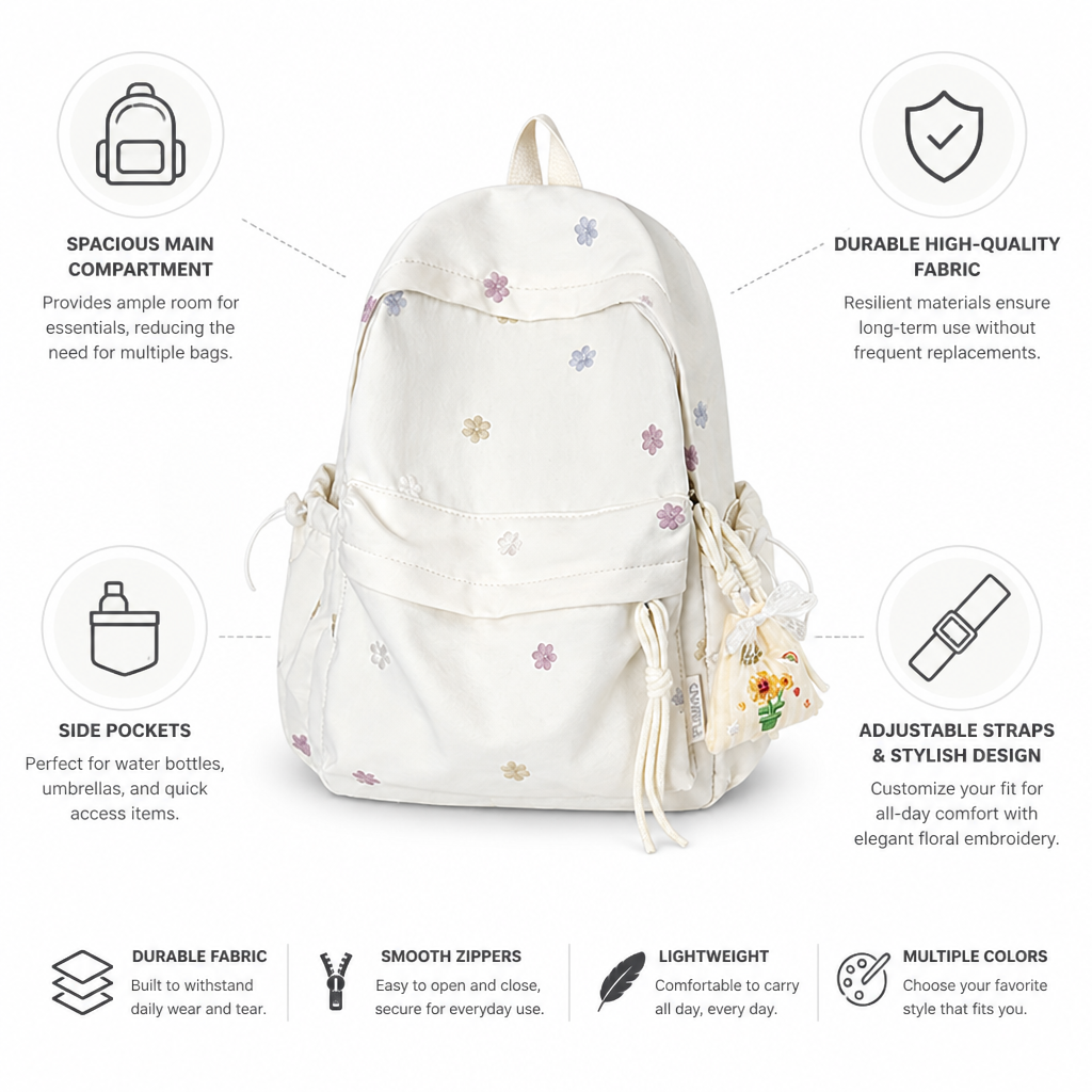 Durable Floral Embroidered School Backpack