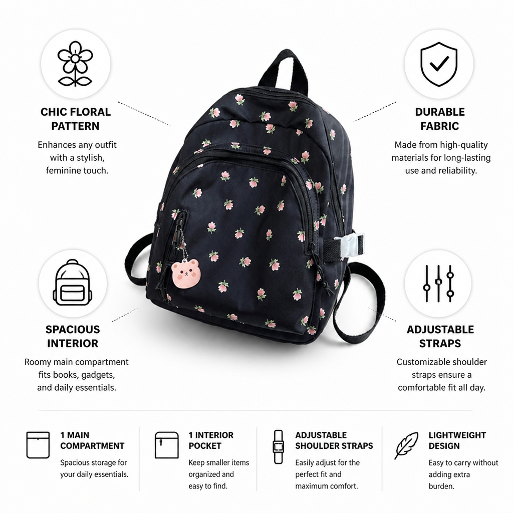 Durable Floral Print School Backpack (Adjustable Straps)