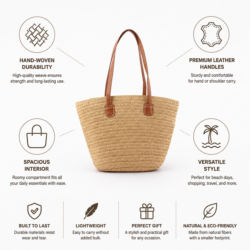Durable Hand-Woven Straw Tote With Leather Handles