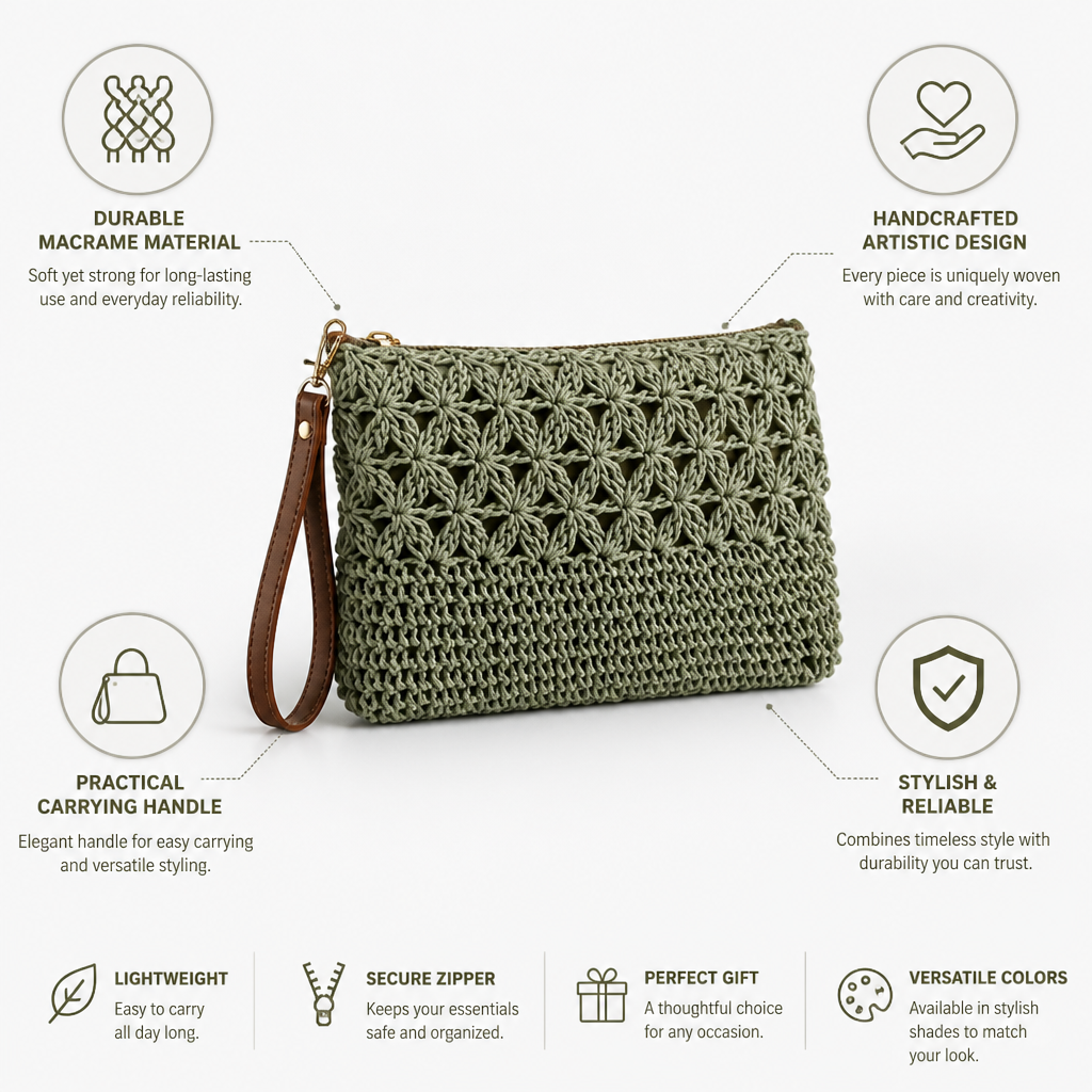 Durable Handcrafted Macrame Clutch (With Carrying Handle)