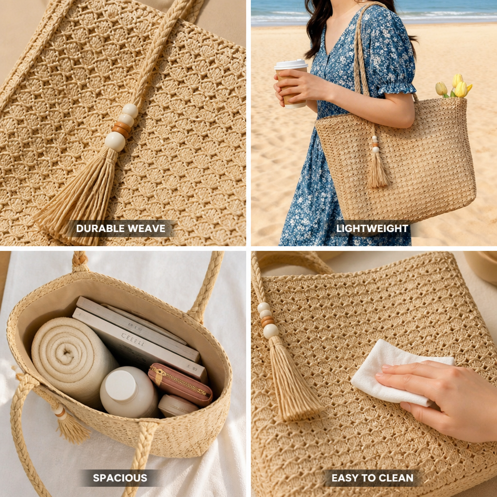 Durable & Lightweight Handwoven Straw Beach Tote