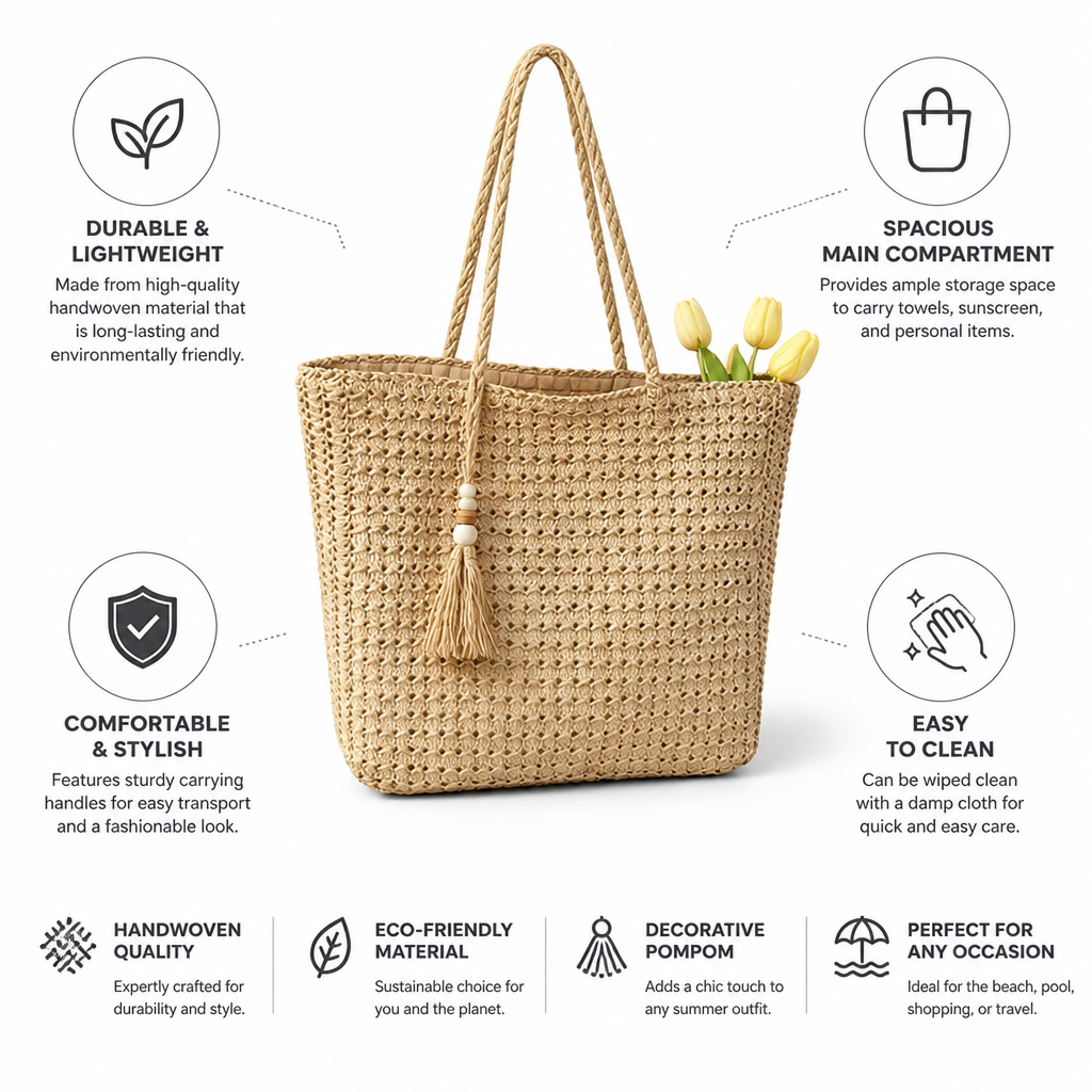 Durable & Lightweight Handwoven Straw Beach Tote