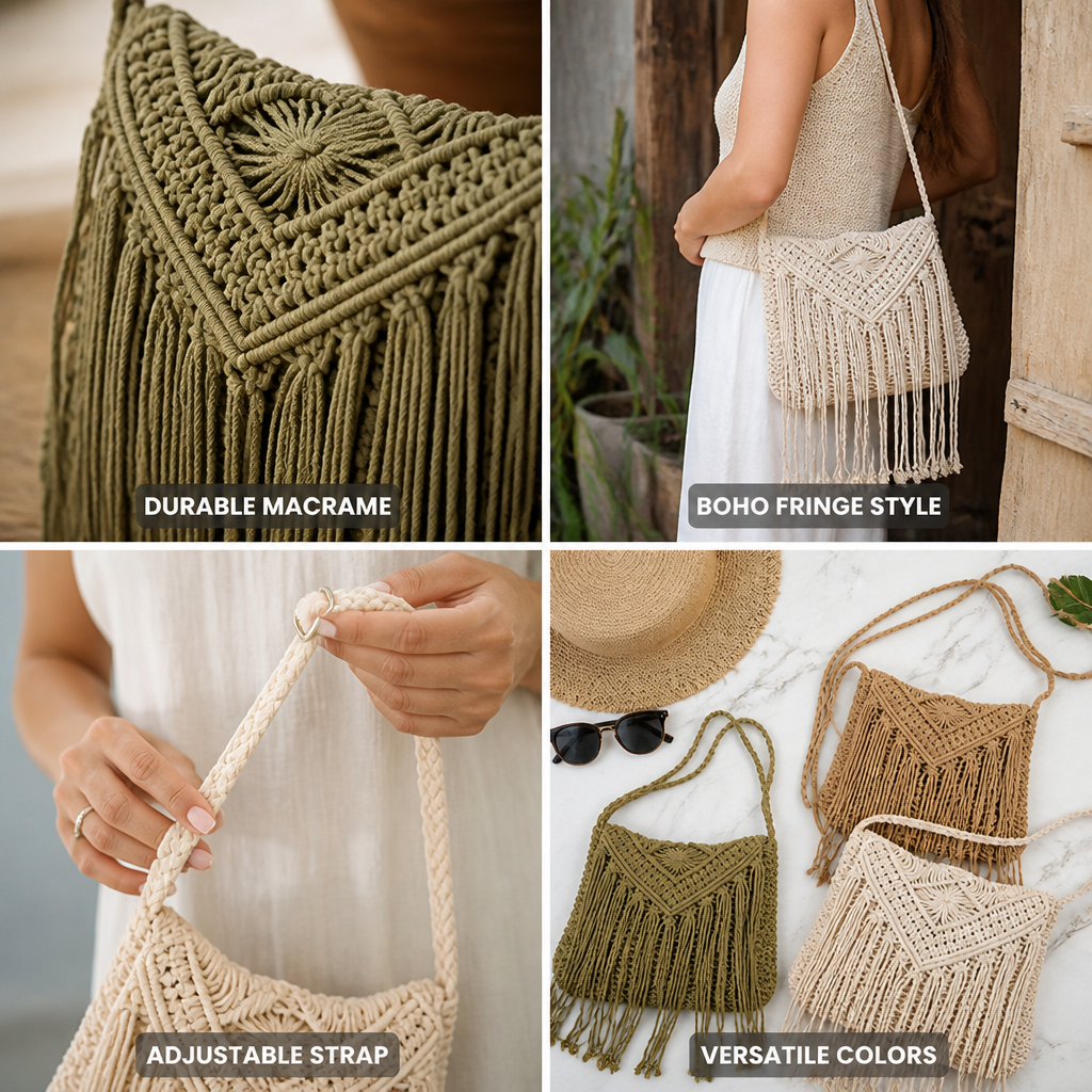 Durable Macrame Fringe Crossbody Bag (Adjustable Strap)