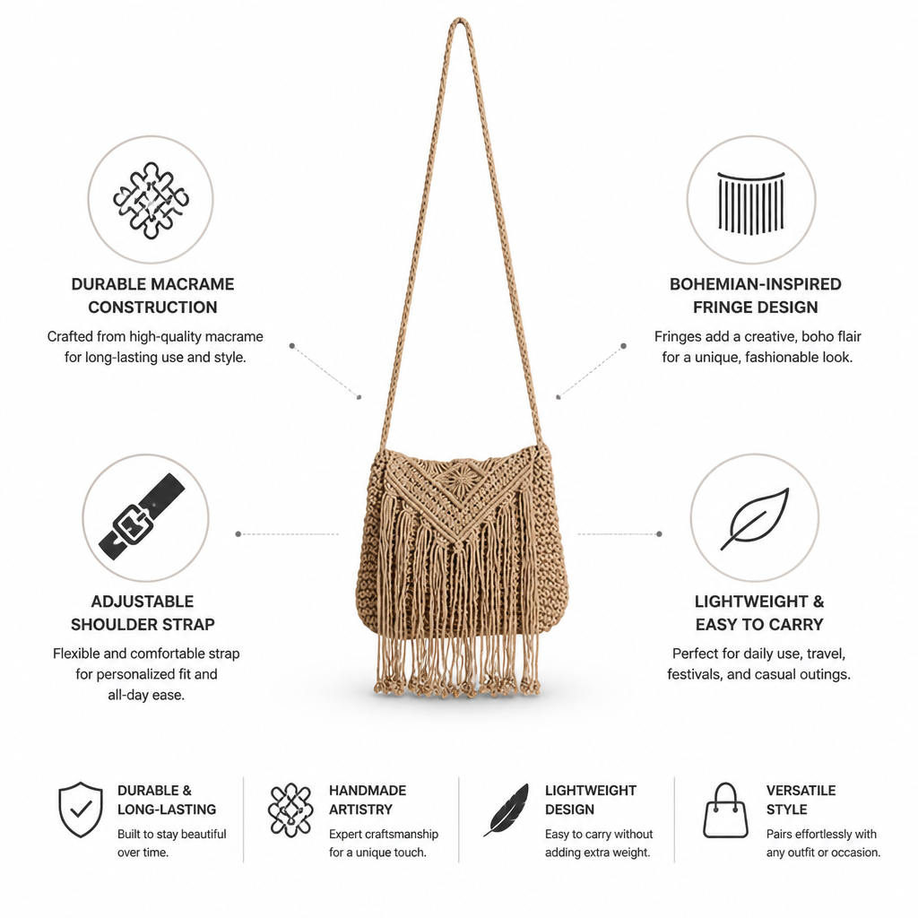 Durable Macrame Fringe Crossbody Bag (Adjustable Strap)