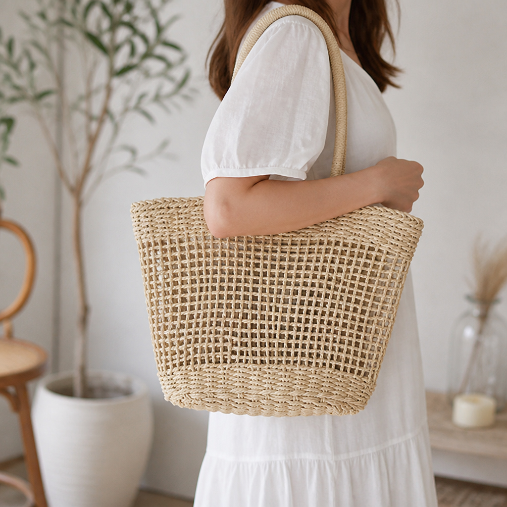 Durable Natural Raffia Open Lattice Tote Bag