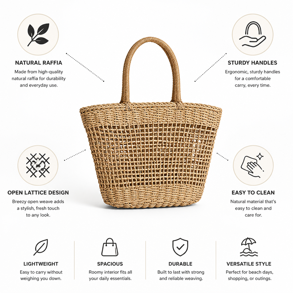 Durable Natural Raffia Open Lattice Tote Bag