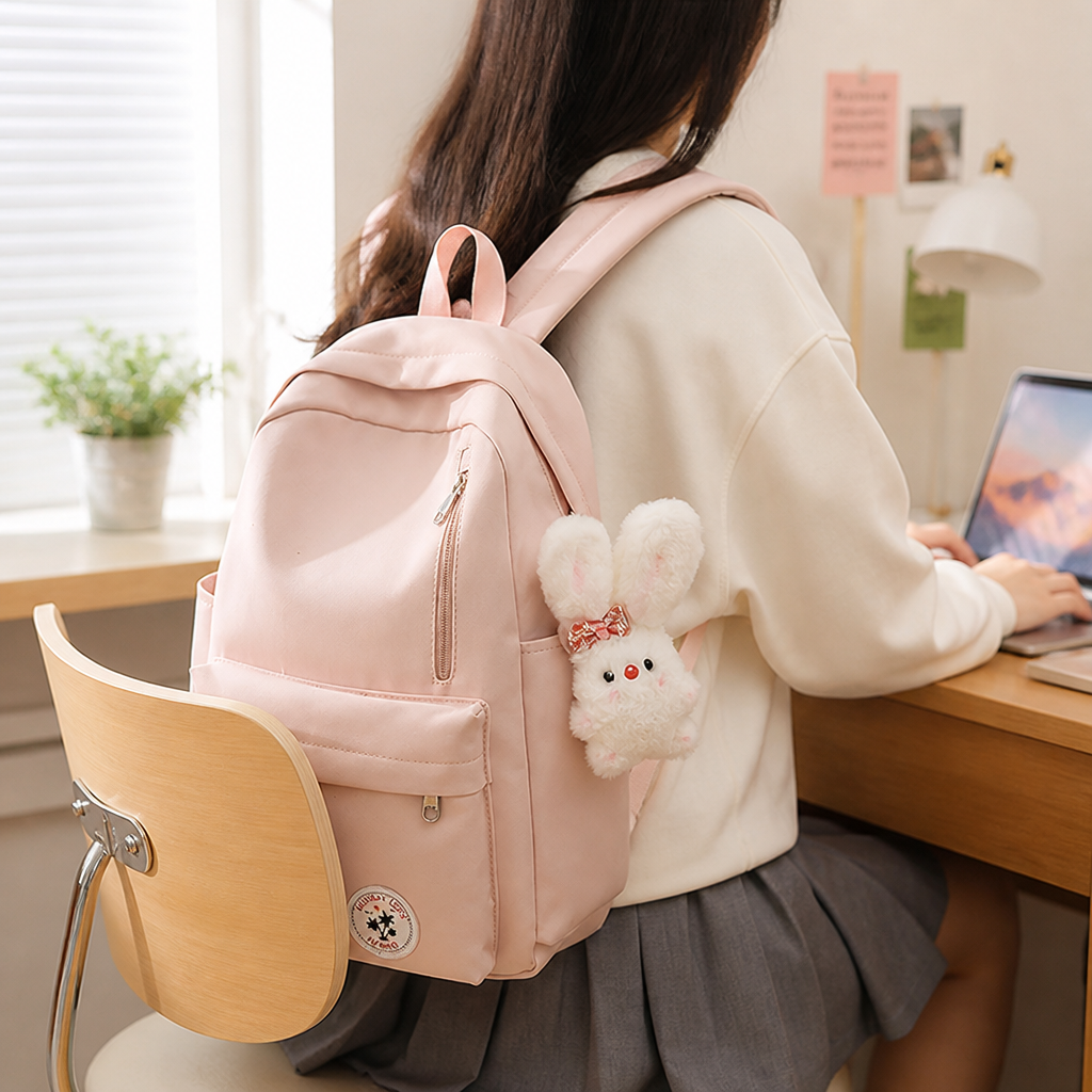 Durable Padded Straps & Multi-Pocket School Backpack (Bunny Charm)