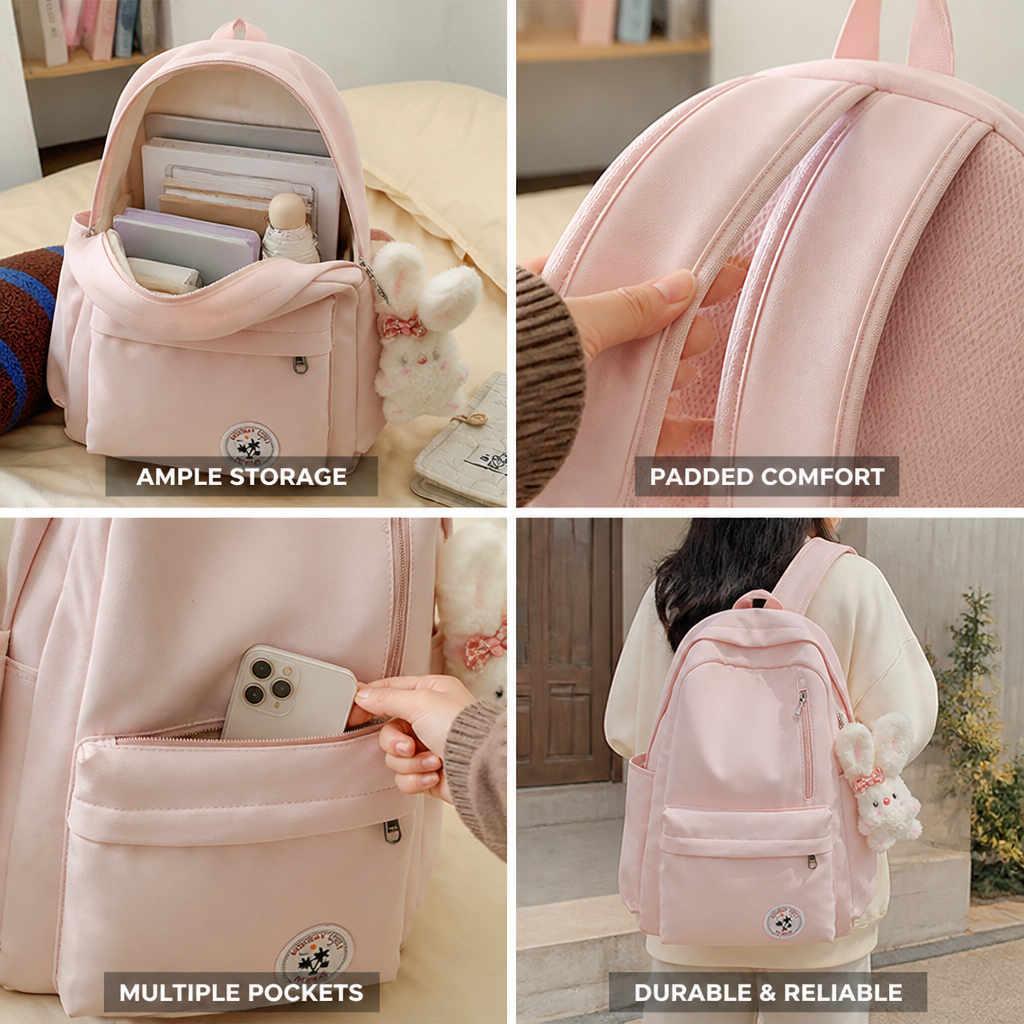 Durable Padded Straps & Multi-Pocket School Backpack (Bunny Charm)