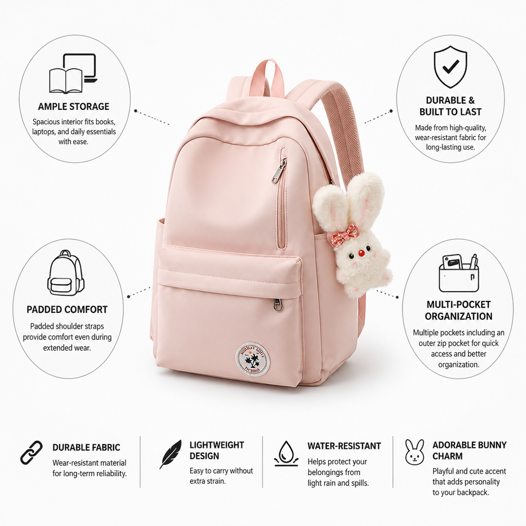 Durable Padded Straps & Multi-Pocket School Backpack (Bunny Charm)