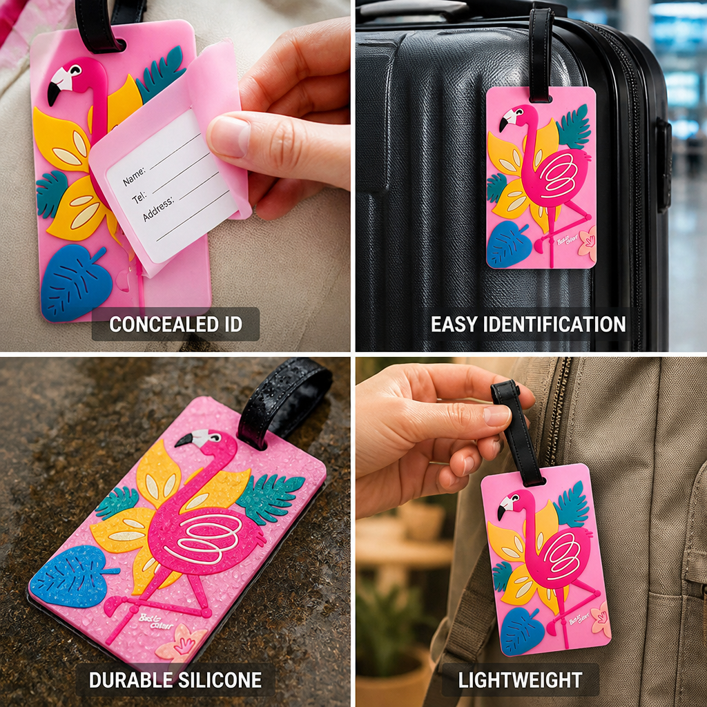 Durable Silicone Concealed-ID Flamingo Luggage Tag