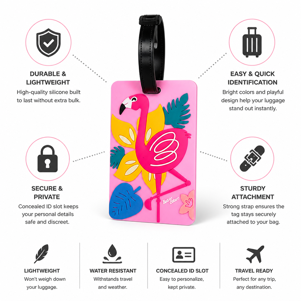Durable Silicone Concealed-ID Flamingo Luggage Tag