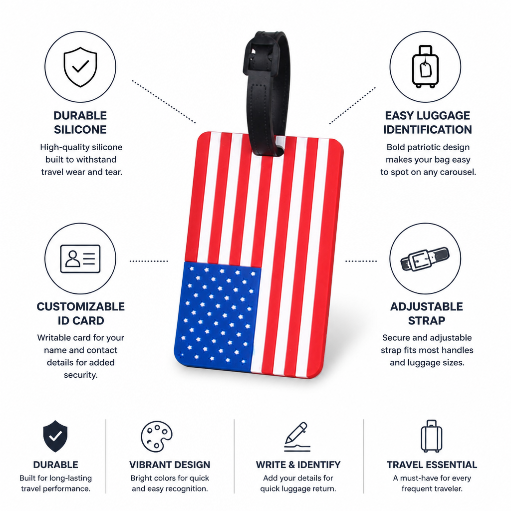 Durable Silicone Patriotic Luggage Tag (Writable ID Card, Adjustable Strap)