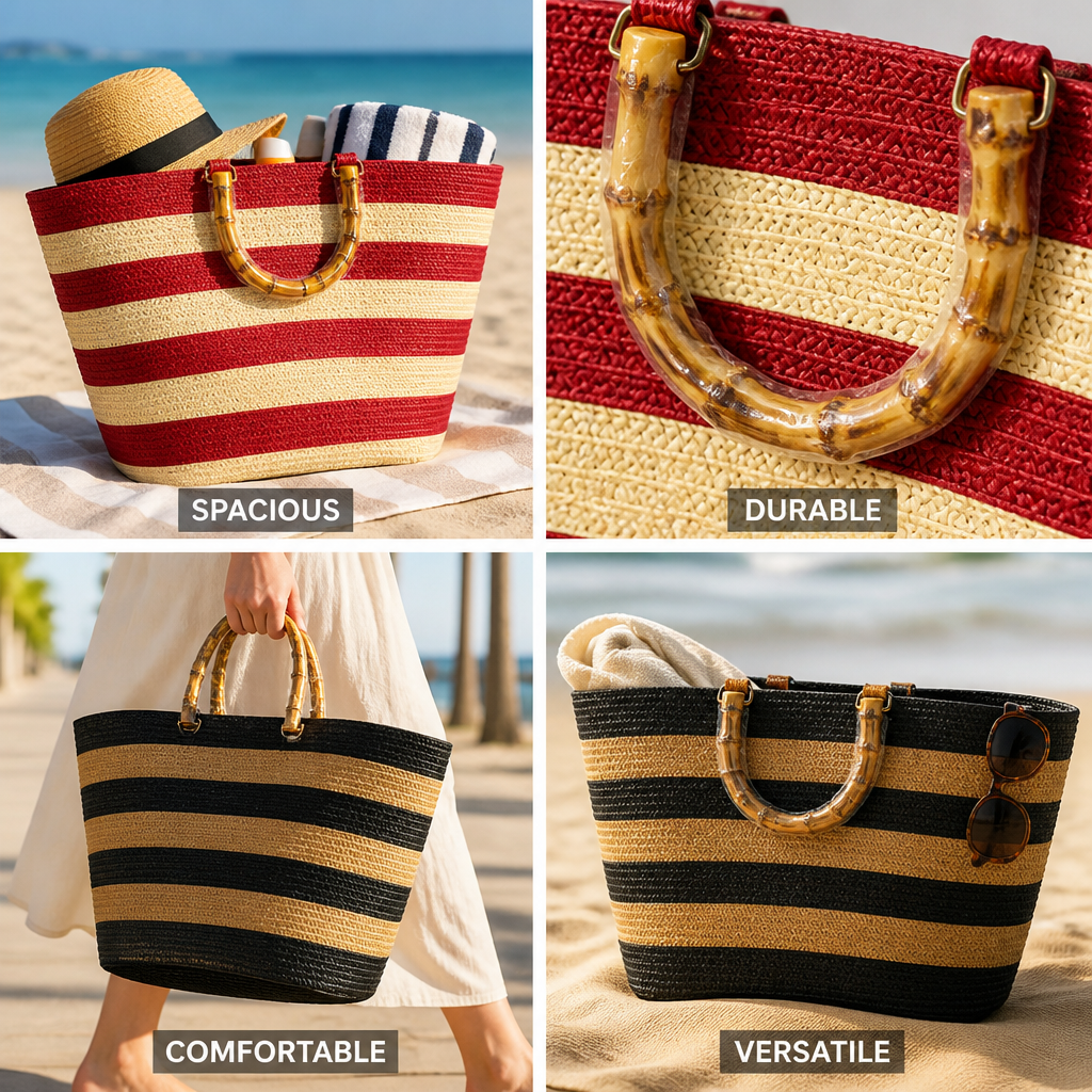 Durable Spacious Two-Tone Stripe Beach Bag
