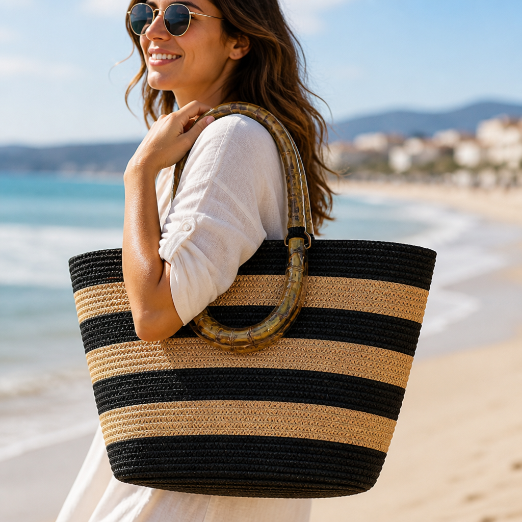Durable Spacious Two-Tone Stripe Beach Bag