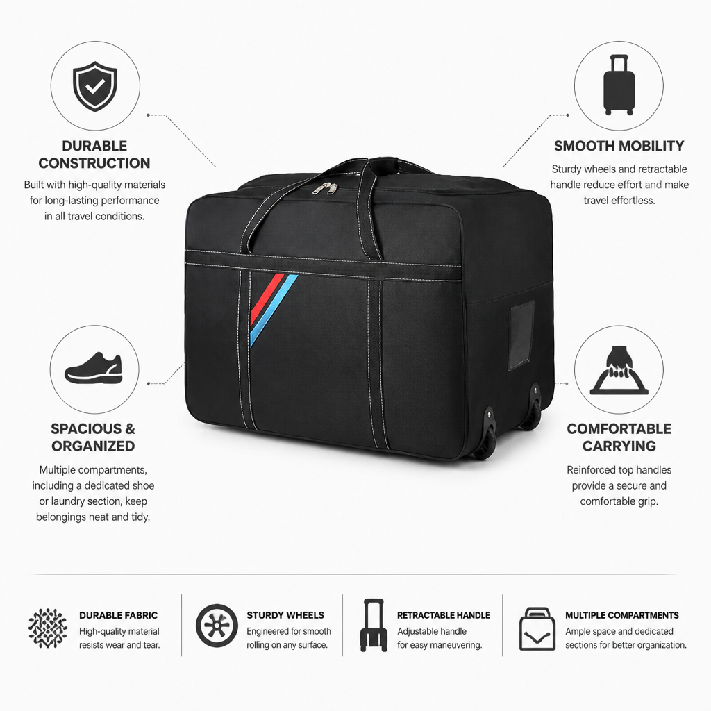 Durable Wheeled Retractable-Handle Duffle Bag (Shoe Pocket)
