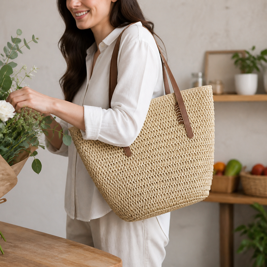 Durable Woven Braided-Handle Tote Bag