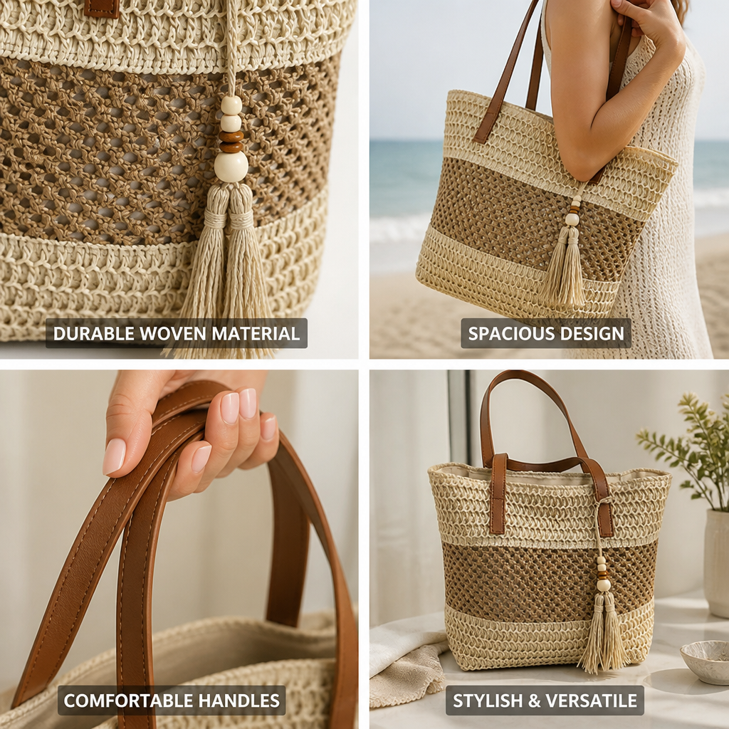 Durable Woven Leather-Handle Beach Tote