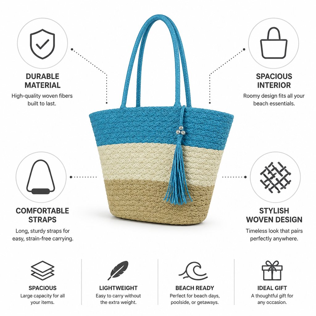 Durable Woven Spacious Beach Bag (Long Straps)