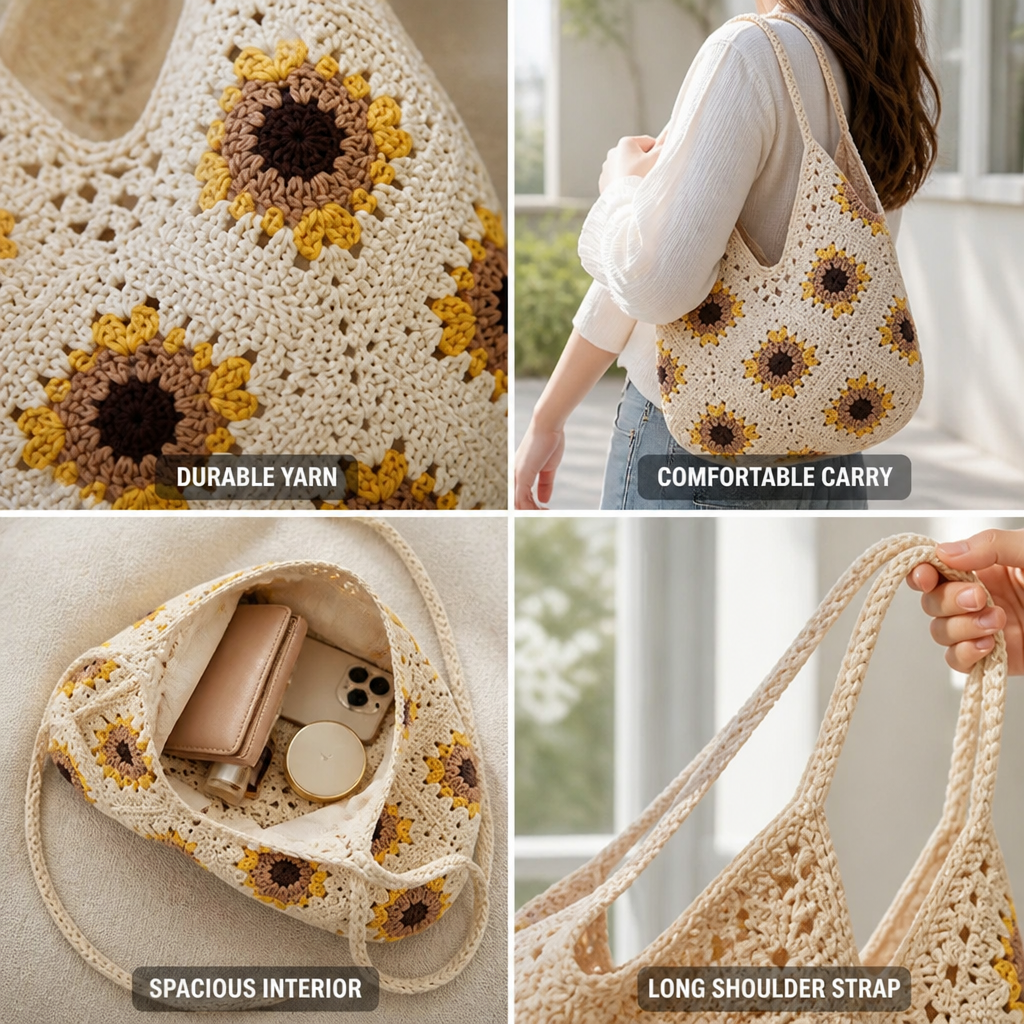 Durable Yarn Sunflower Crochet Shoulder Bag