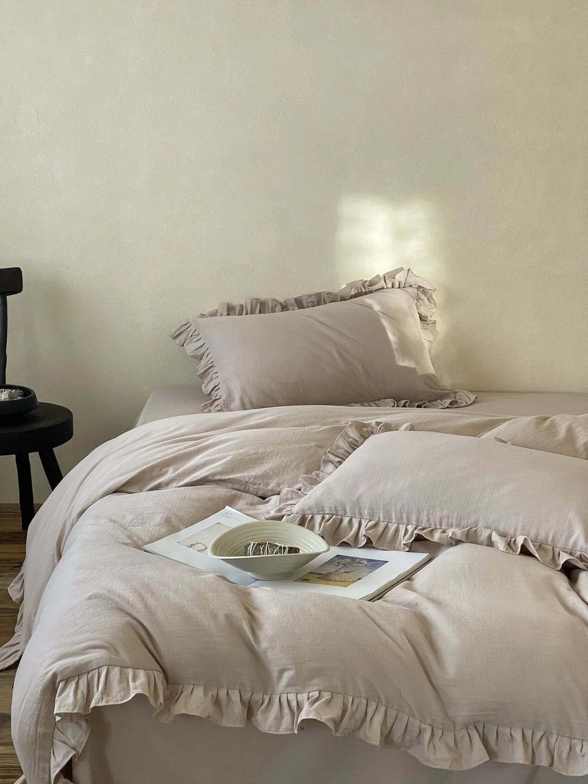 Duvet Cover & Pillowcase Set Cotton-Linen Breathable Ruffled Edge